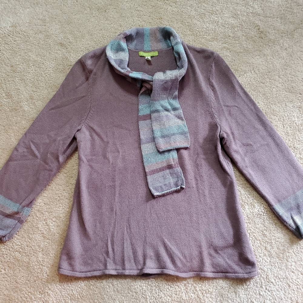 SIGRID OLSEN silk angora rabbit hair sweater taupe blue scarf neckline